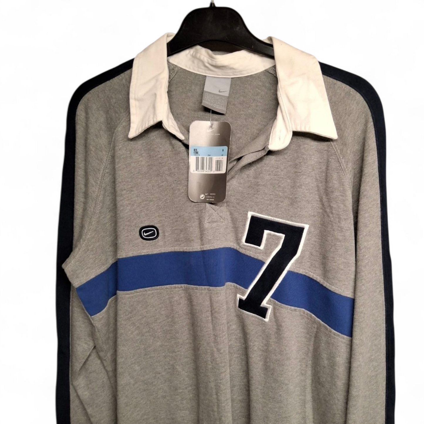 Men's Vintage Y2k Nike Athletic grey & navy long sleeved rugby top tagged