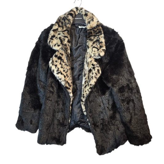 Glamorous Black & Beige Animal Faux Fur Coat – Size 8 – Mid Length, Lined
