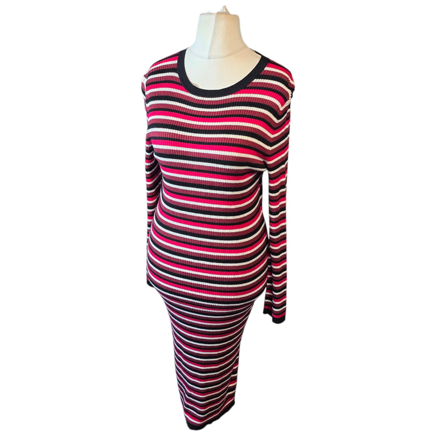 Primark Red, Black, White & Brown Striped Midi Bodycon Jumper Dress – Size M (size 10/12)