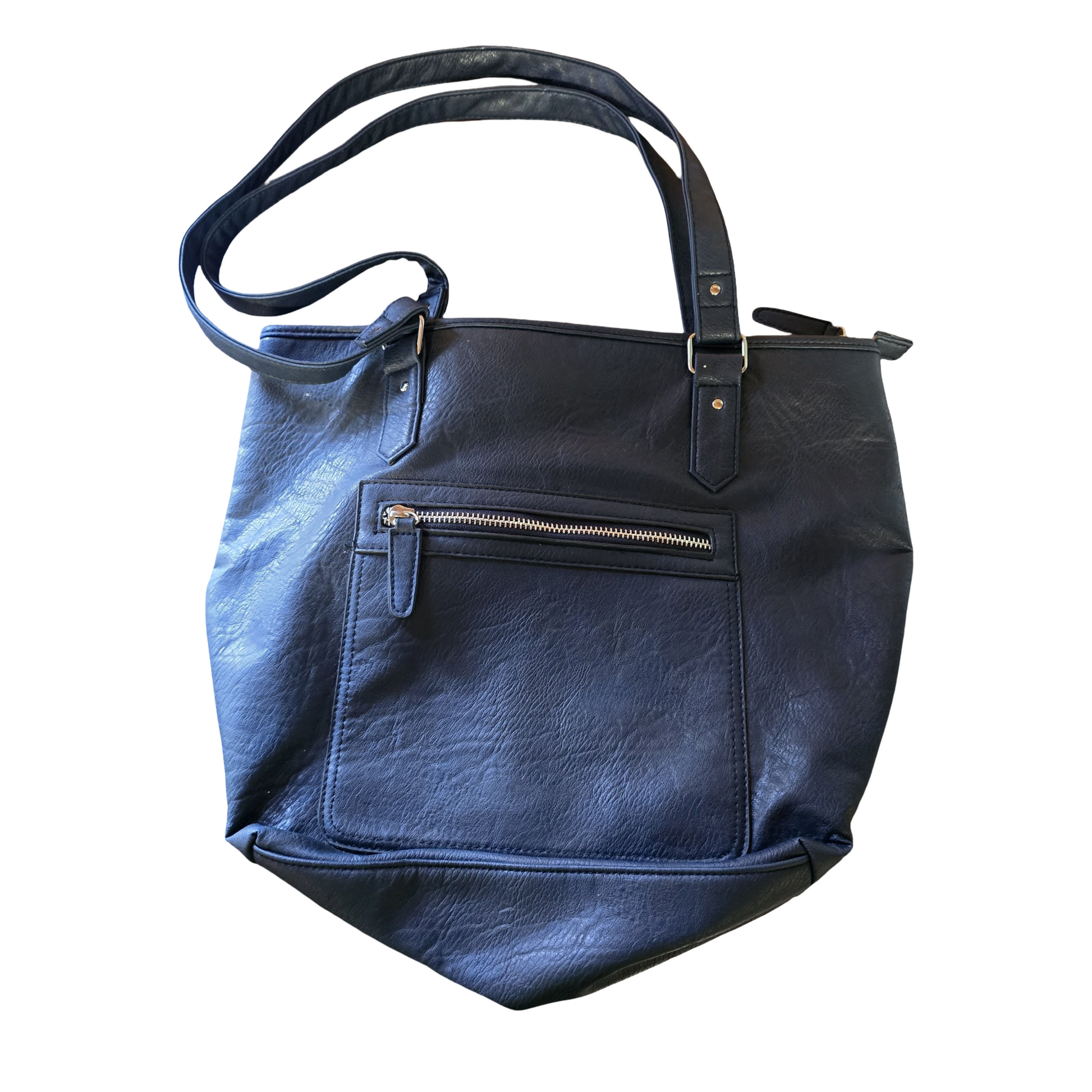 Navy Blue Faux Leather Shoulder Bag | Medium Size | Zip Closure | Everyday Tote | Isle