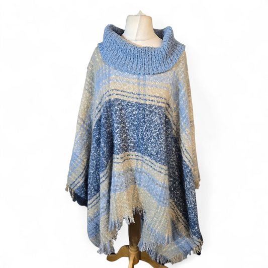Lauren Taylor Blue & Beige Knitted Poncho – Turtleneck Tasselled Design – One Size (Fits 12–24)