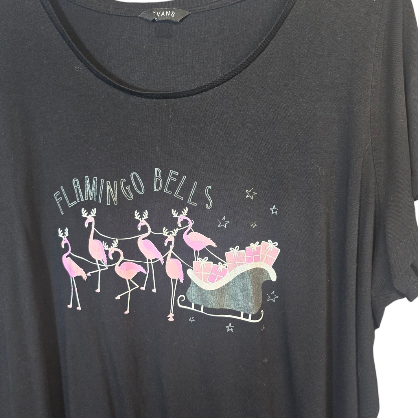 Evans Black Christmas T-Shirt Dress – Flamingo Bells Print – Size 26 – Short Sleeve