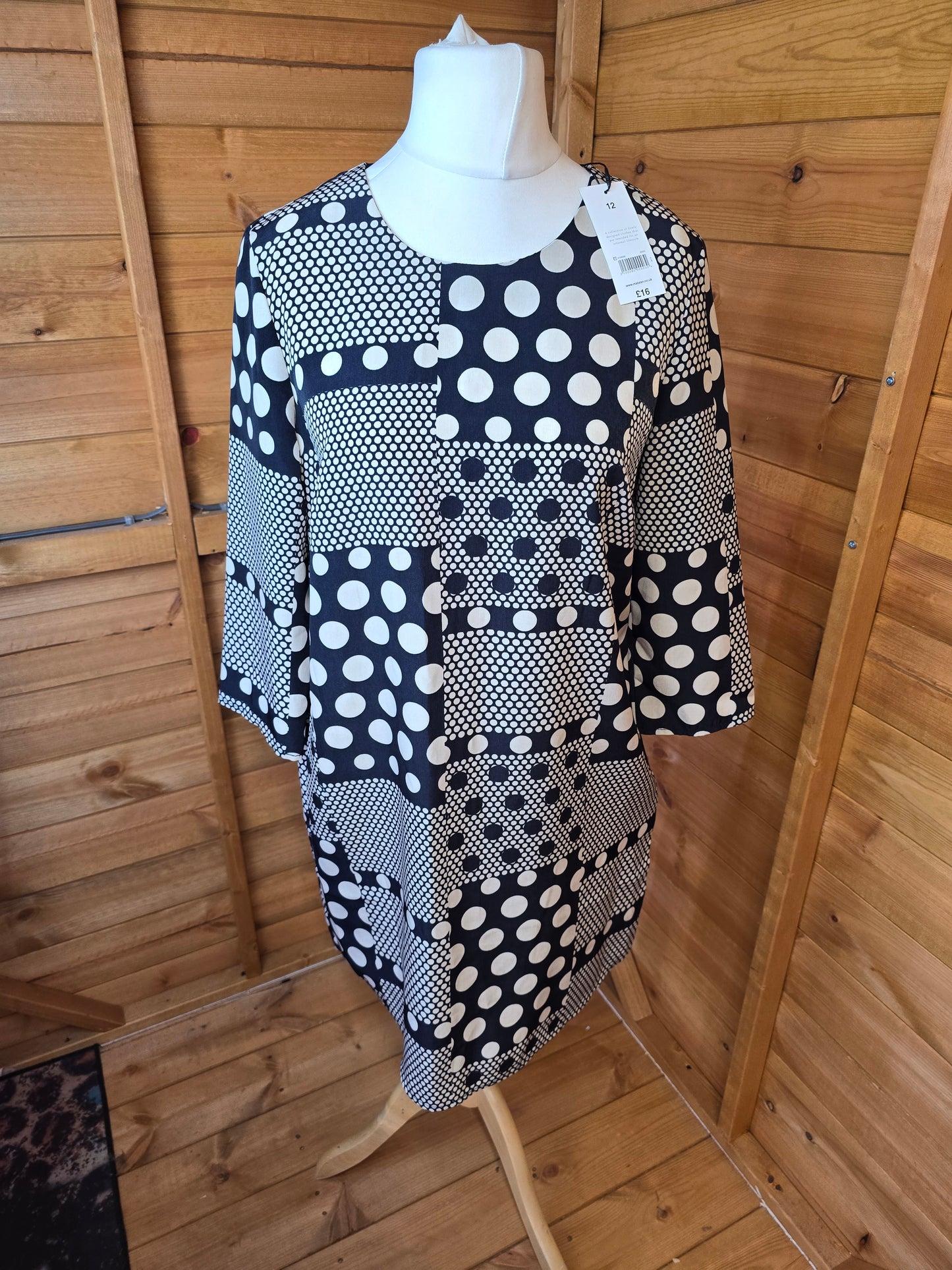 Matalan Navy & Cream Polka Dot Tunic Dress Size 12 – 3/4 Sleeves, New With Tags, RRP £16