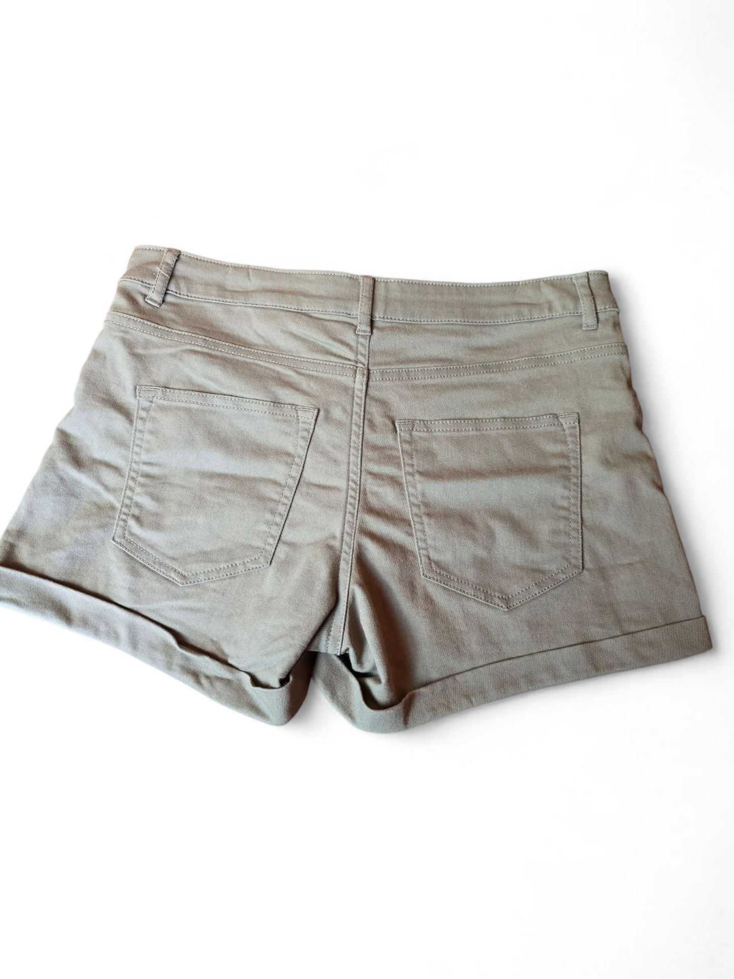 H&M Khaki Green Denim Mini Shorts Size 12 – High Waisted, Pockets, Casual Summer Style