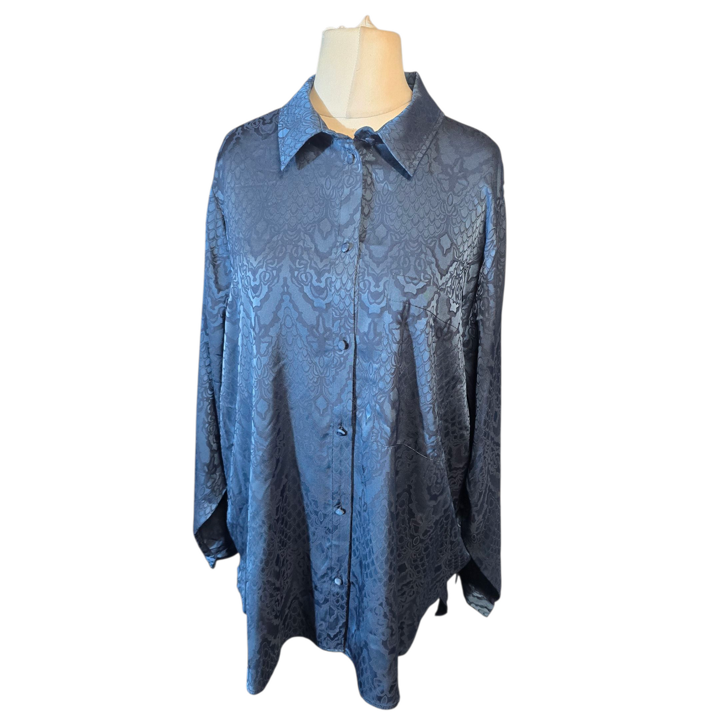 Next Navy Patterned Silky Blouse – Longer Length, Size 16