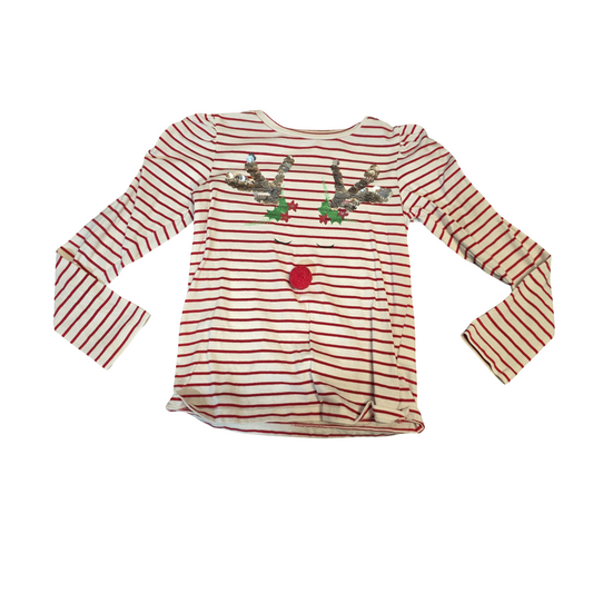 Next Red & White Stripe Xmas Top – Girls Age 6 – Reindeer Pom Pom Design
