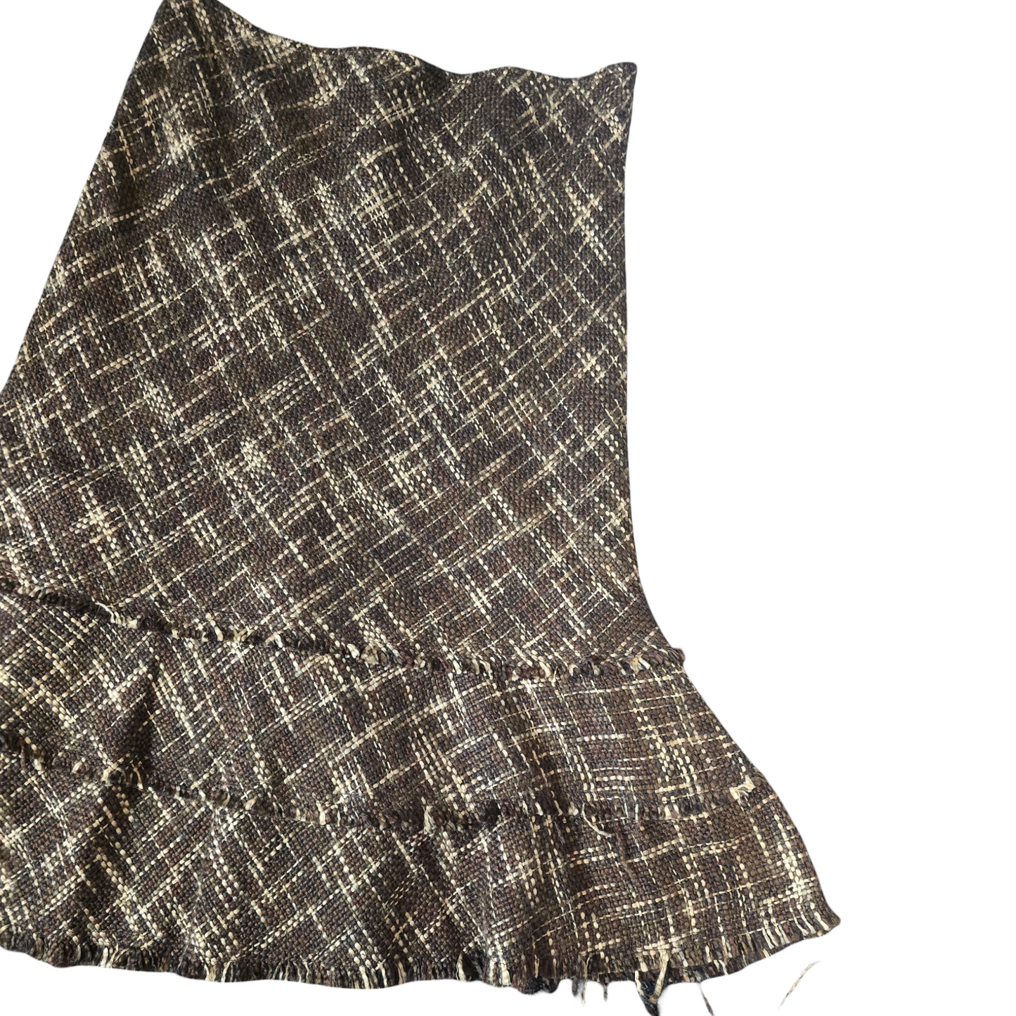 JFW Brown Knitted Midi Skirt – Frayed Hem & Flared Style – Size 14 (Fits size 12/14)