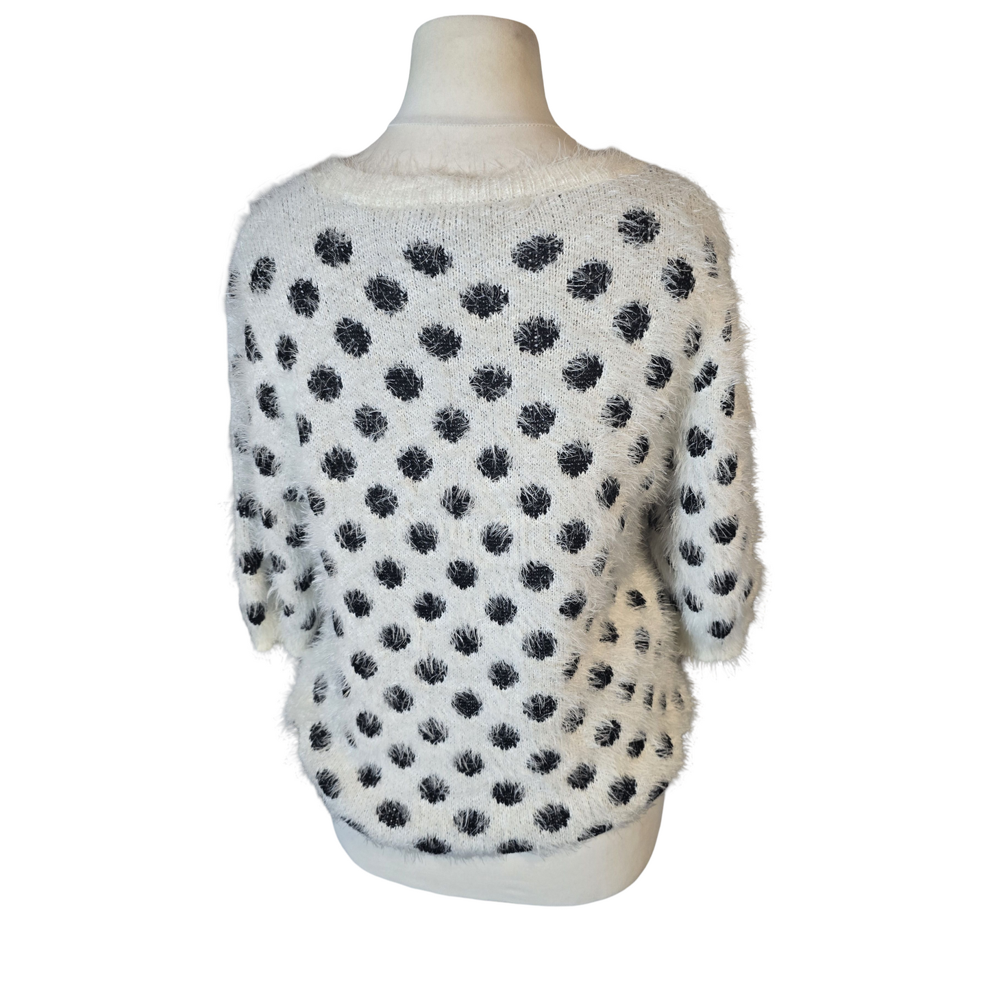Primark White & Black Fluffy Polka Dot Jumper – Size 14 – 3/4 Sleeves