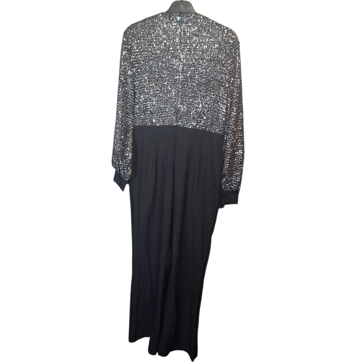 Silver Sequin & Black Long Sleeve Jumpsuit – Size M (size 10/12) – Choker Neck & Flared Leg