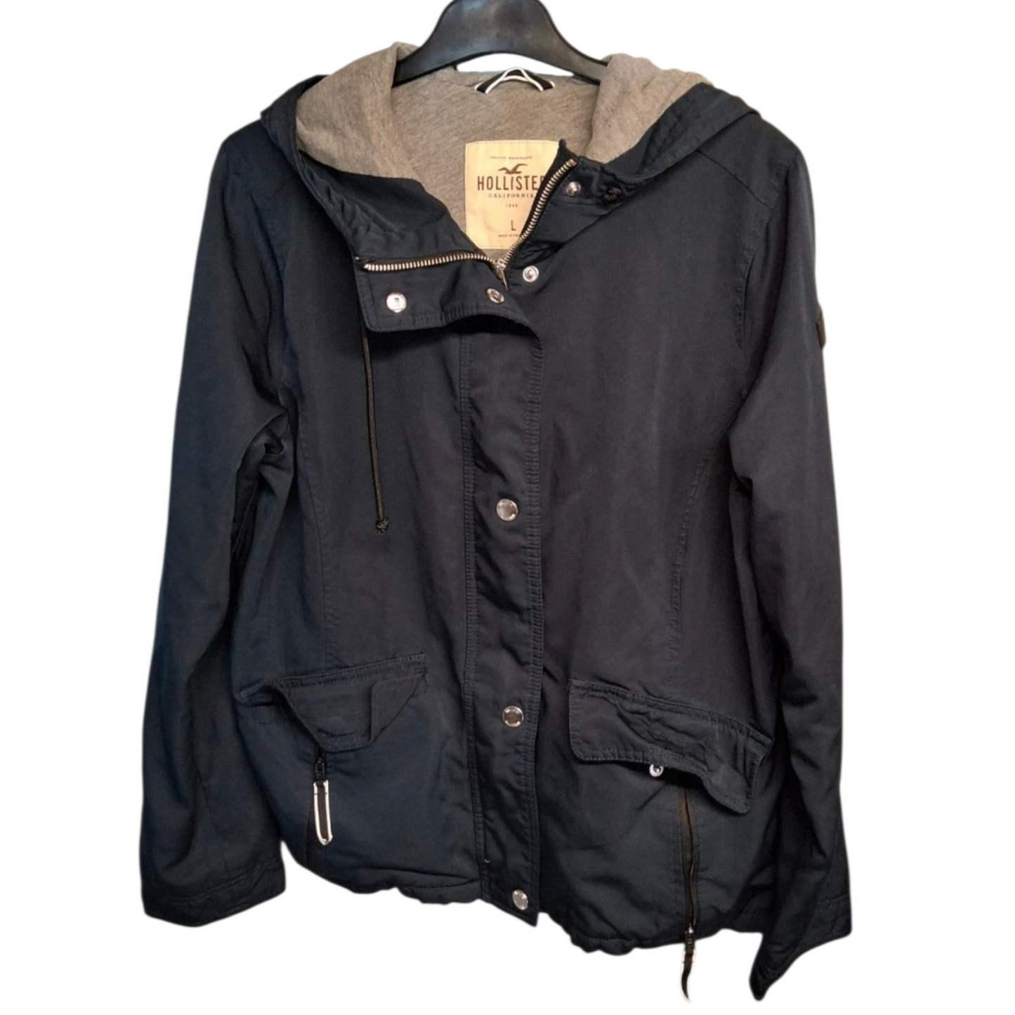 Hollister Navy & Grey Hooded Jacket – Zip & Popper Close – Size L Ladies – Polyester