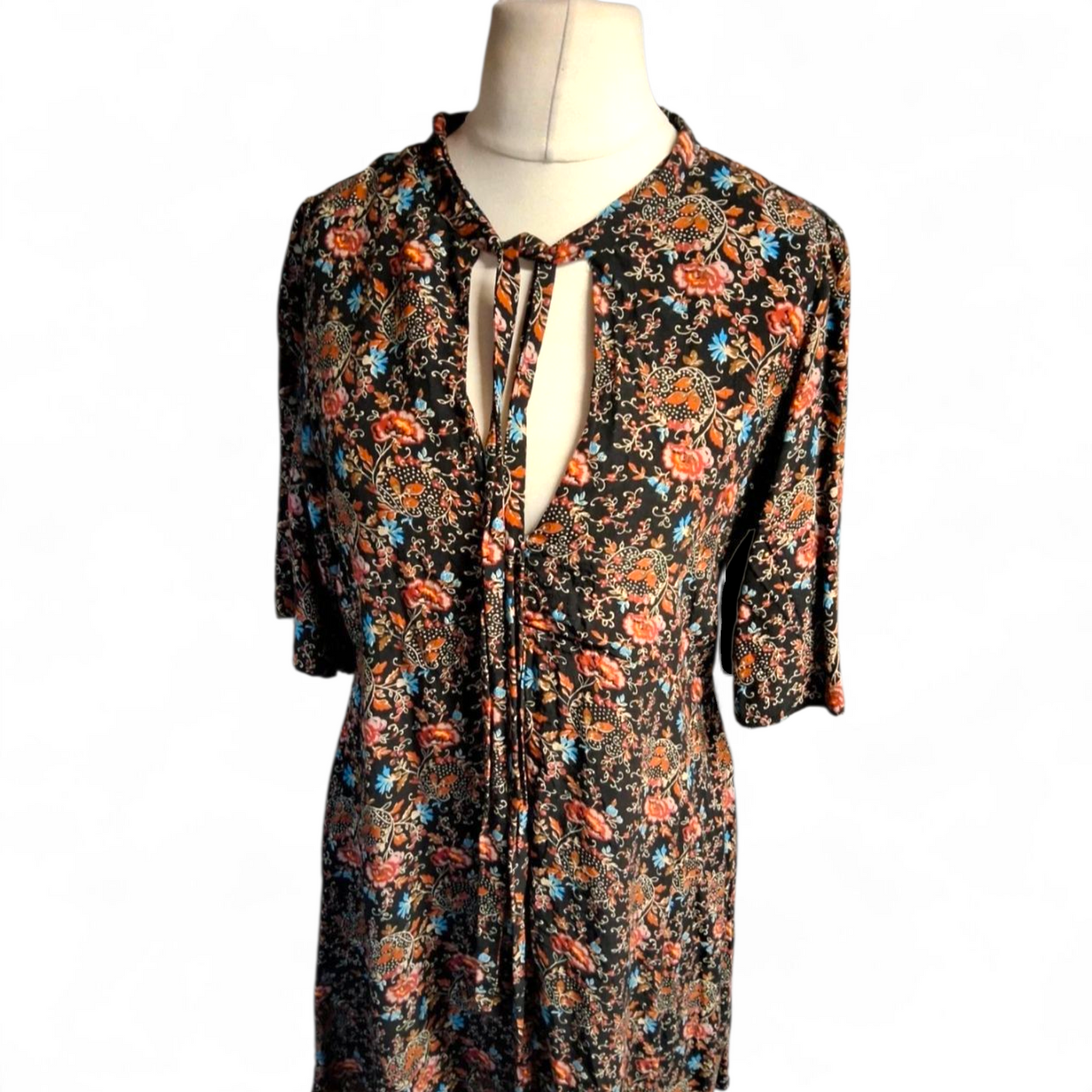 Cooperative Black Multicoloured Tie-Neck Dress – Size M (UK size  10/12) – 100% Viscose