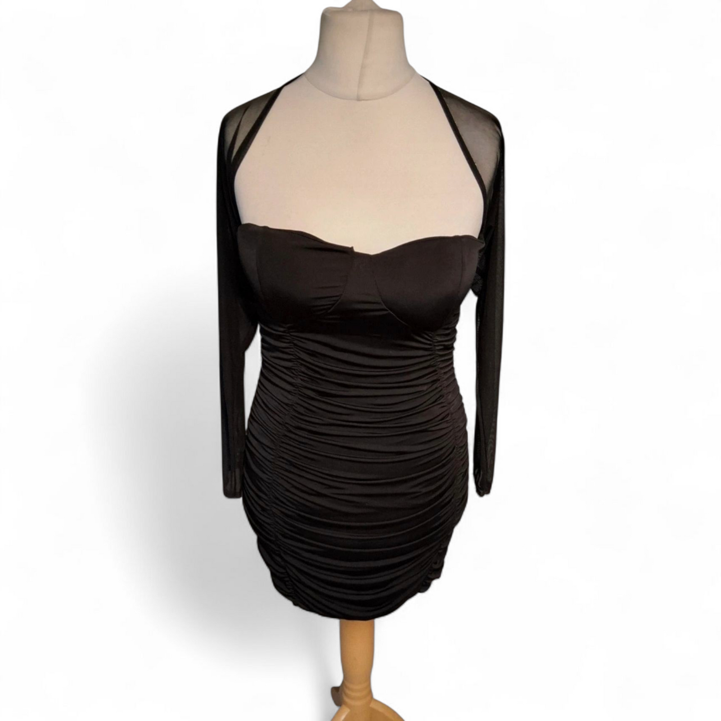 I Saw It First Black Ruched Mini Dress Size 12 – Open Back, Sheer Sleeves, Padded Bust