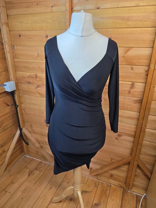 Prettylittlething black long sleeved bodycon runched mini dress size 12