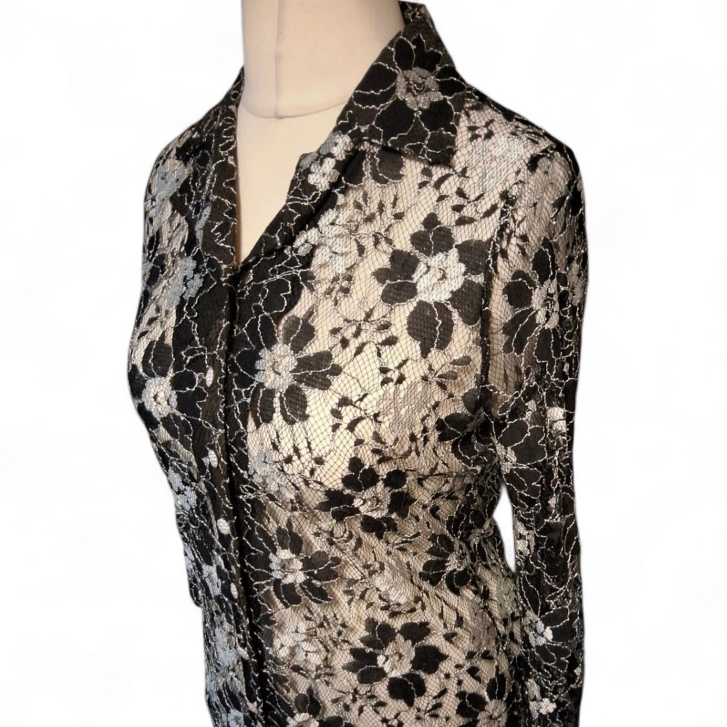 Michelle Hope Black & White Floral Lace Shirt – Size 10/12