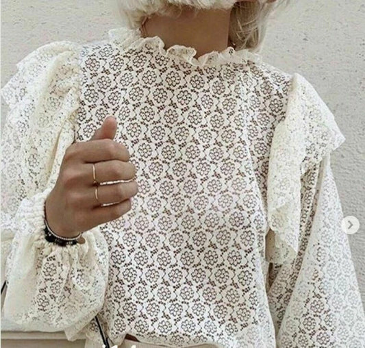 Zara Cream Lace Frill Long Sleeve Top – Size M (UK size 10/12) – NWT