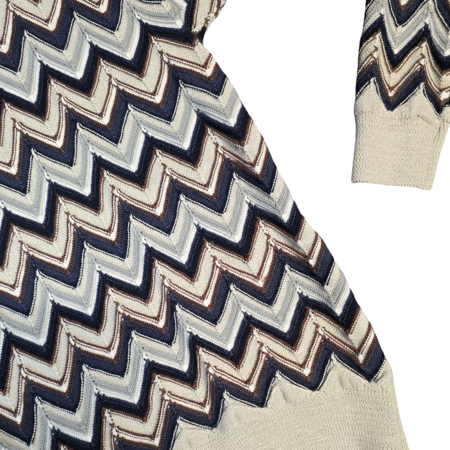 Robert Banks Jumper Beige,Brown & Navy Long Length Chevron Vintage 80s 90s