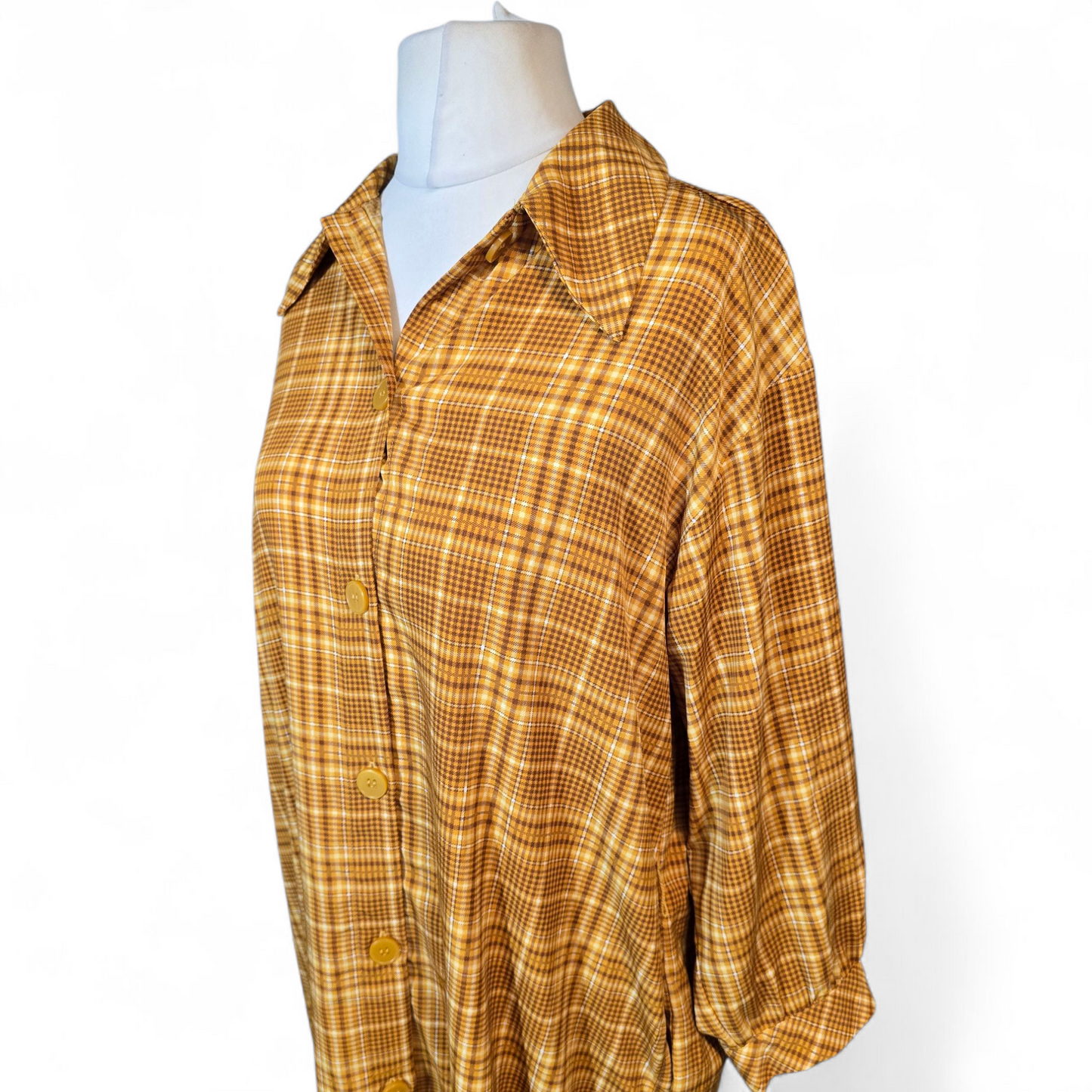 Monki Mustard Check Midi Shirt Dress – Size M (UK size 12/14) – Pockets & 3/4 Sleeves