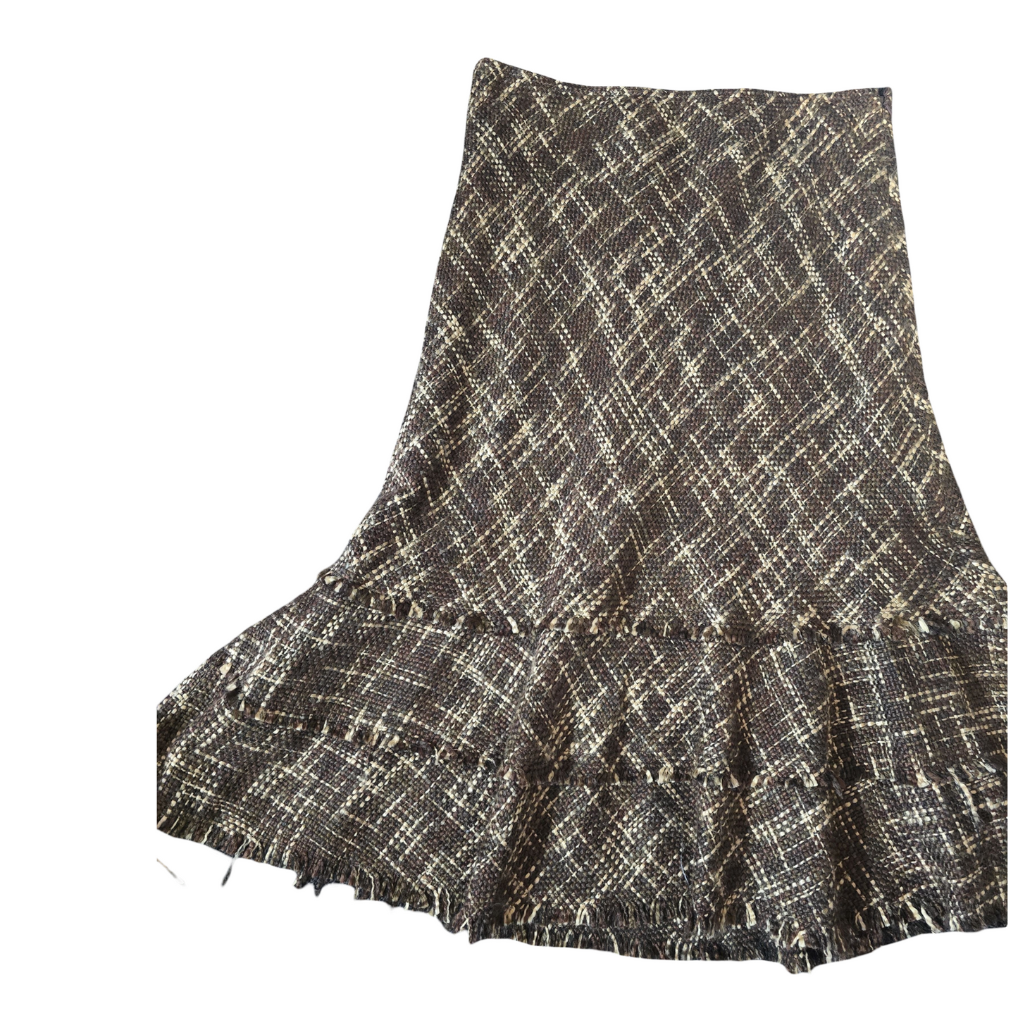 JFW Brown Knitted Midi Skirt – Frayed Hem & Flared Style – Size 14 (Fits size 12/14)
