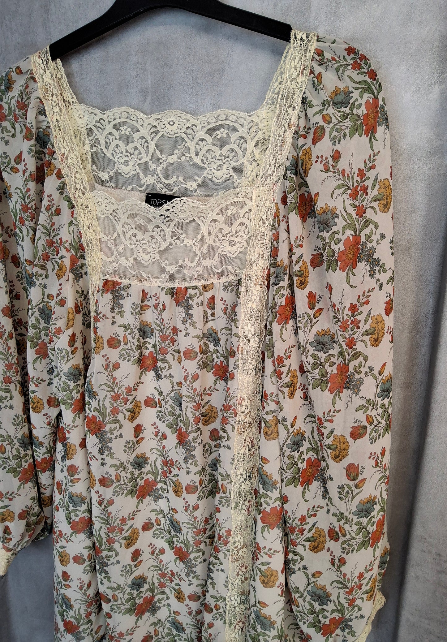 Topshop Floral Lace Trim Long Sleeve Mini Dress – Size 10