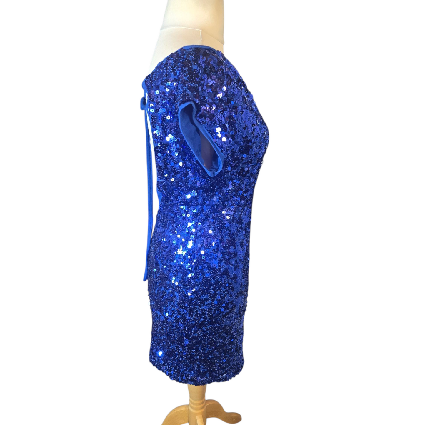 TFNC London Blue Sequin Mini Dress – Size M (size 12/14) – Open Back Party Sparkle