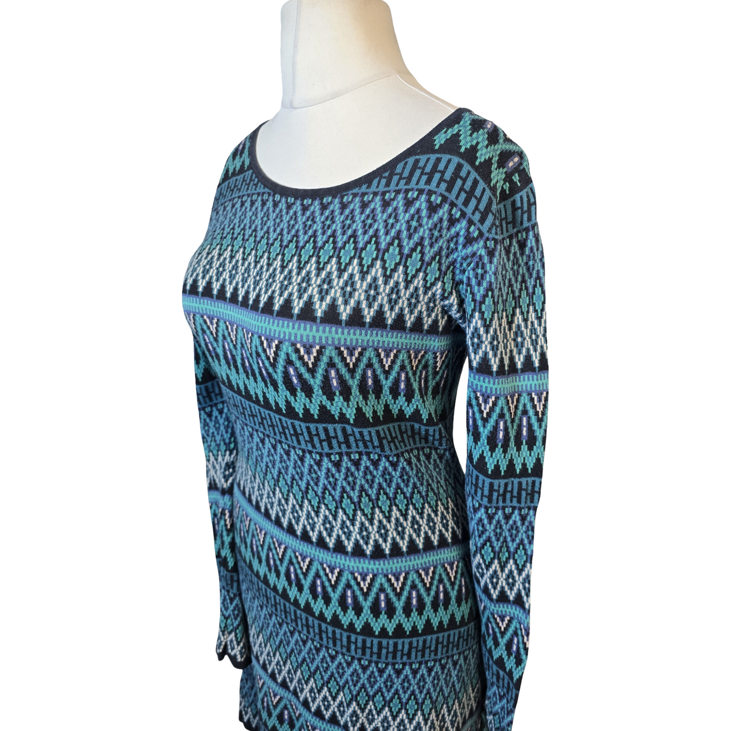 Monsoon Green, Black & White Patterned Jumper Dress – Size M (size 12/14)