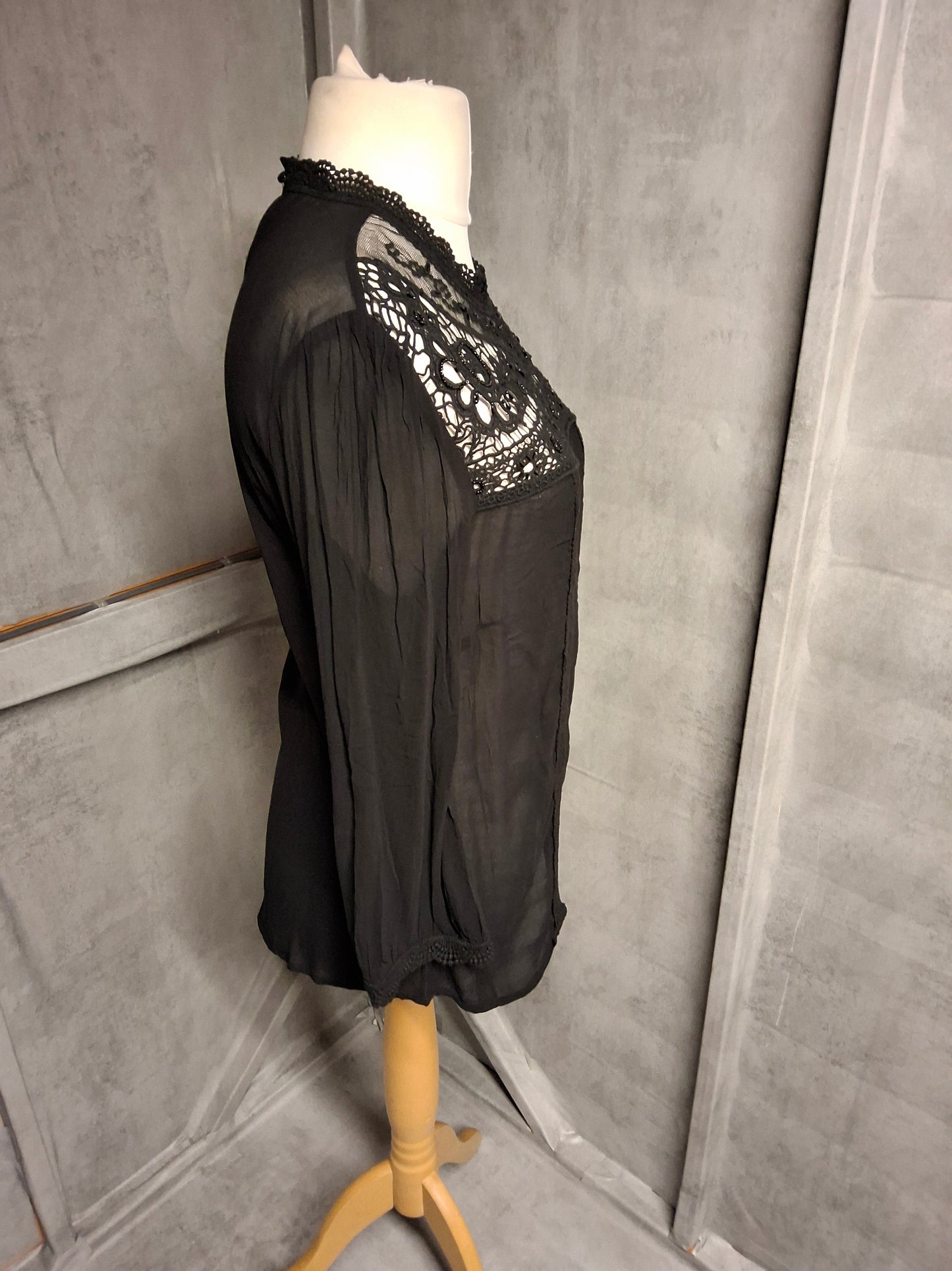 Monsoon Black Lace & Bead Blouse – Size 12 – NWT – RRP £59 – Slightly Sheer Glam