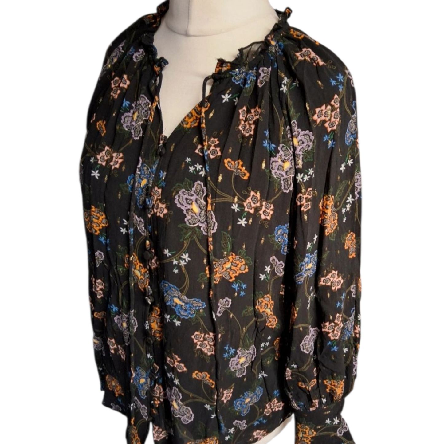Per Una Black Floral Blouse – Size 14 – Autumn Colours, Glitter & Frill Collar