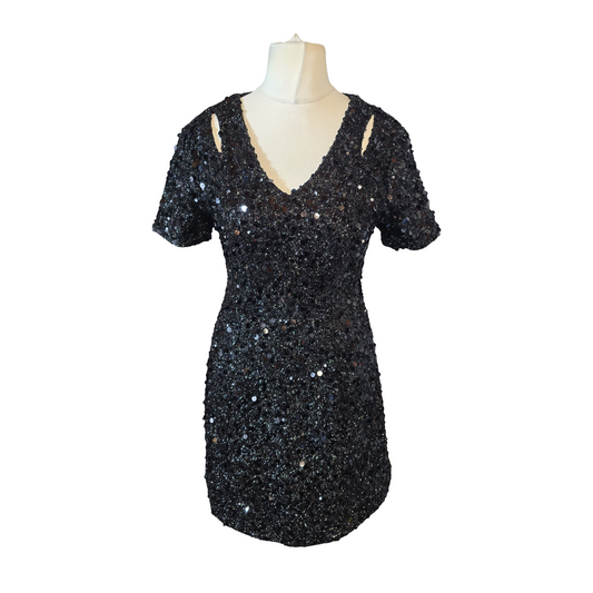 Warehouse Black Sequin Mini Dress – Size 10