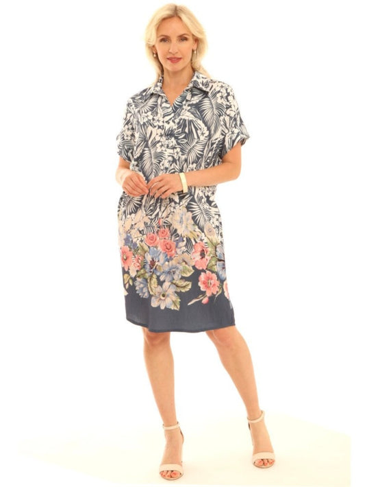 Pomodoro Navy Floral Shirt Dress | Size 10 | Lightweight Viscose Blend