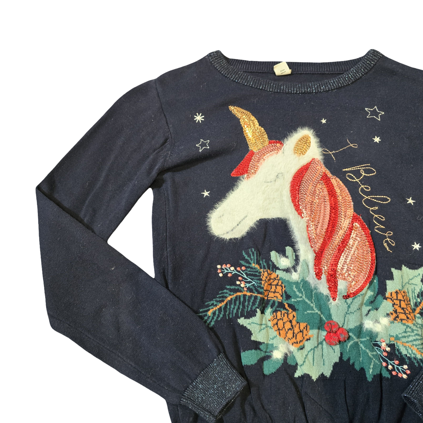 Tu Girls Navy Xmas Unicorn Jumper – Age 11 – Sequin & Fluffy Design