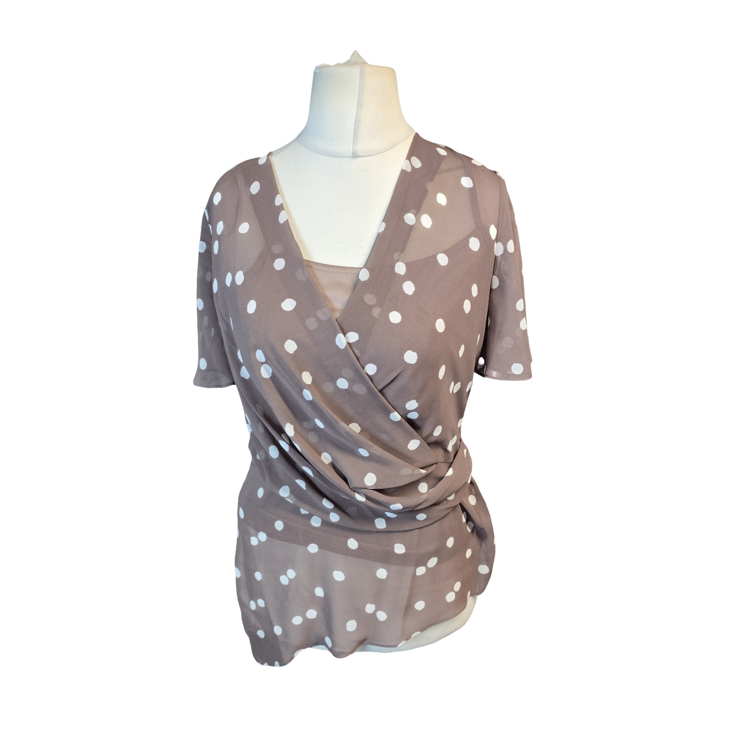 Jacques Vert Top Brown & White Size 8 Polka Dot Smart Causal New 