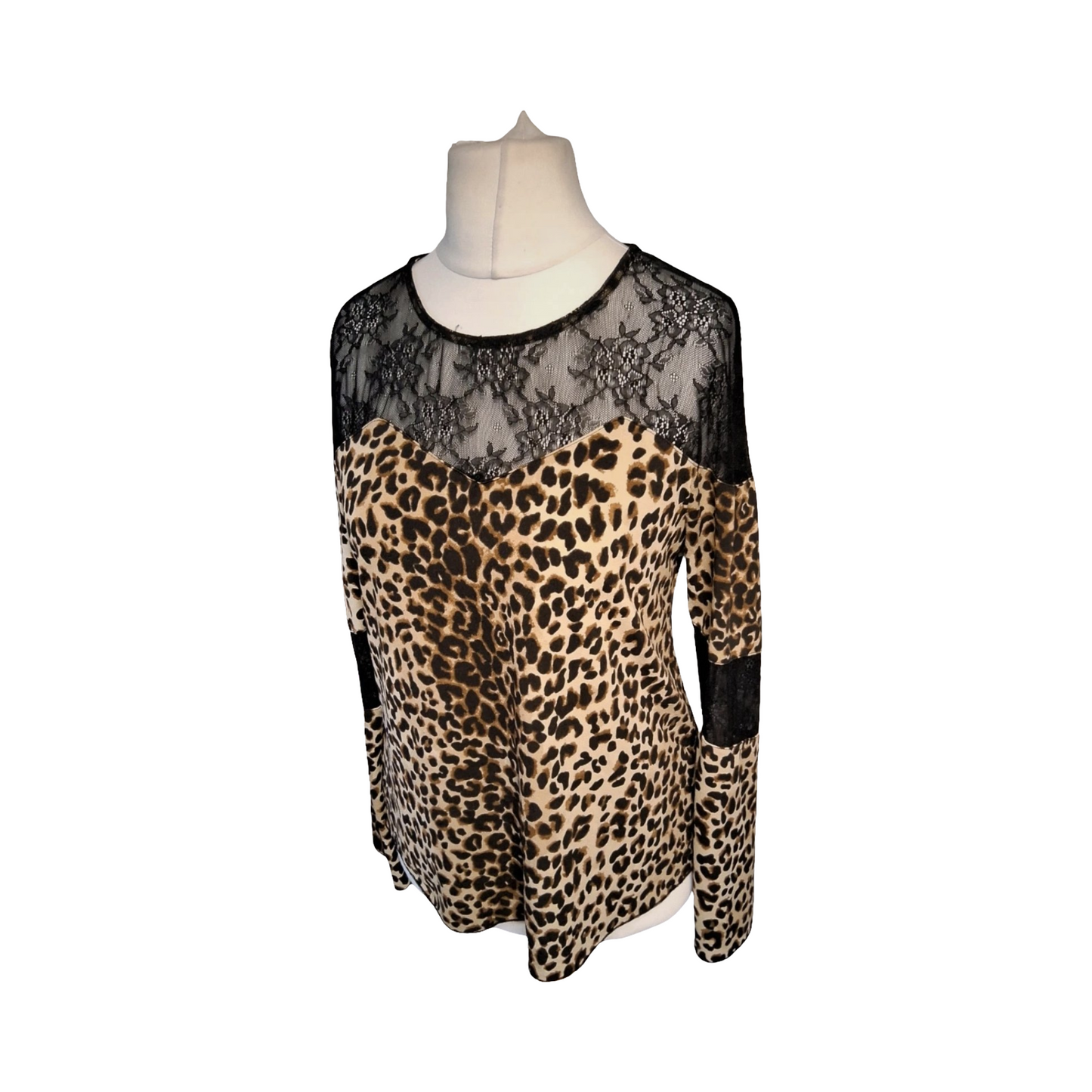 Very Leopard Print & Black Lace Long Sleeve Top – Size 12 – Stretchy Polyester