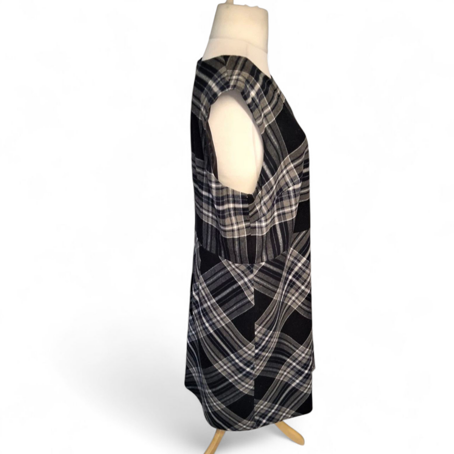 Laura Ashley Navy & Grey Checked Midi Dress – Size 18 – Lined & Luxe Feel