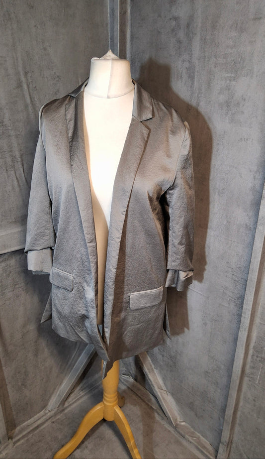 Next Tailoring Grey Metallic Open Blazer – Size 8, 3/4 Sleeves