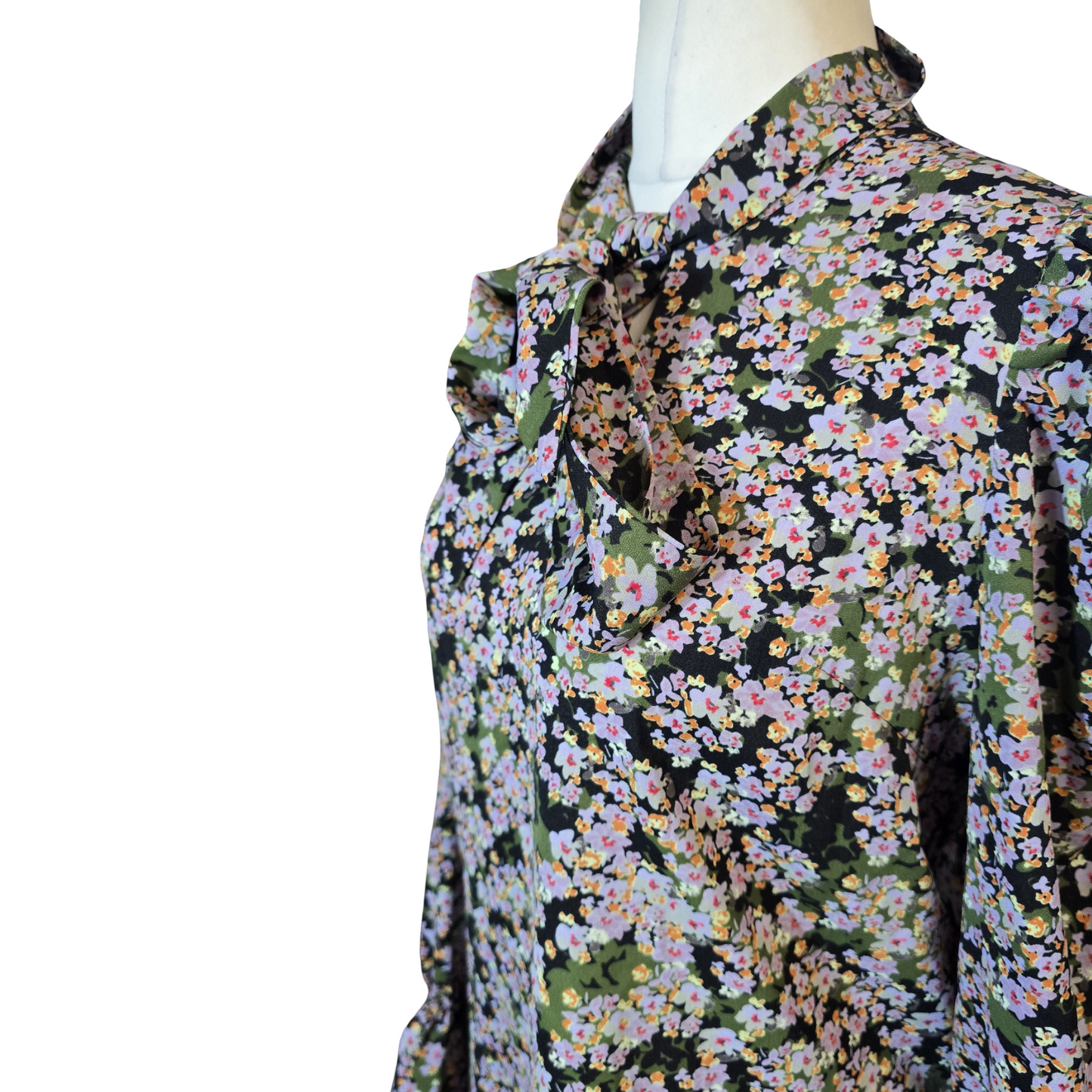 Never Fully Dressed Multicoloured Floral Blouse – Tie Neck & Frilly Cuffs – Size 12