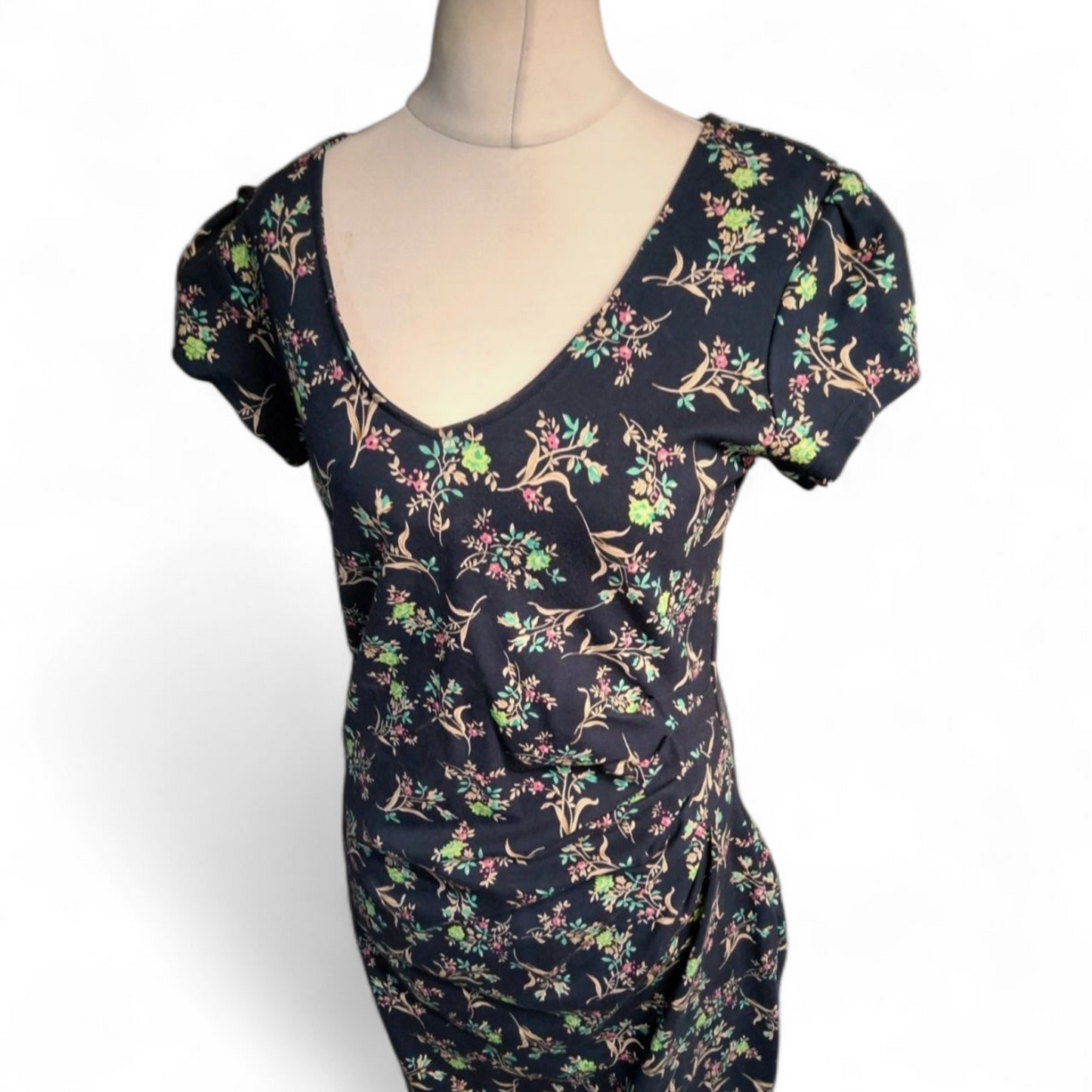 Tallgirls Navy Floral Ruched A-Line Midi Dress – Size 16 – Flattering Fit