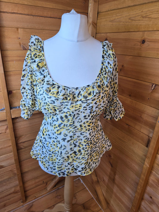 ASOS Yellow & Black Leopard Print Top | Size 12 UK | V-Neck & Sheer Sleeves