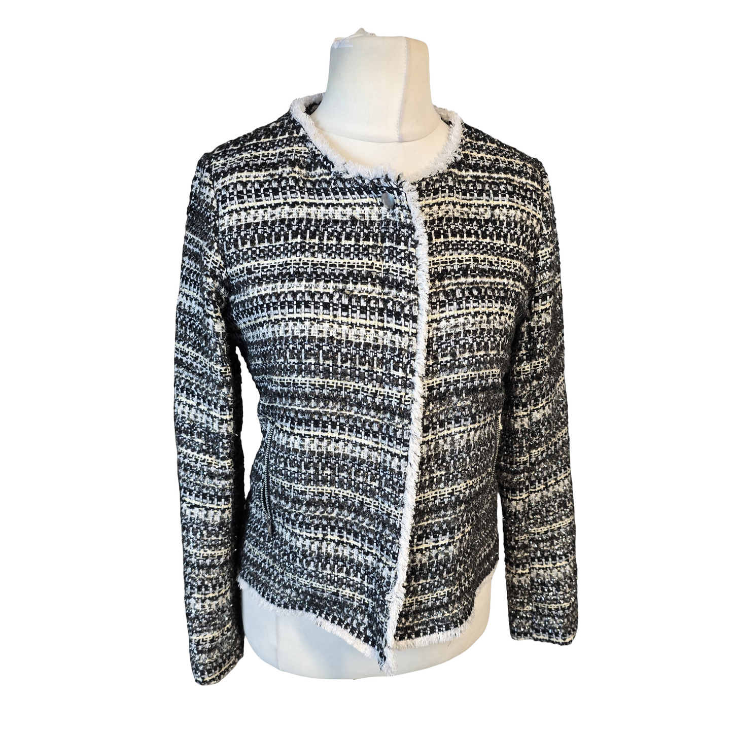 Next Tailoring Black & White Tweed Blazer – Size 10R – Zip Front & Pockets