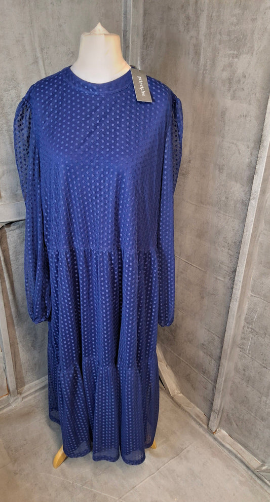 Principles Blue Embossed Polka Dot Tiered Midi Dress – UK 22 – NWT