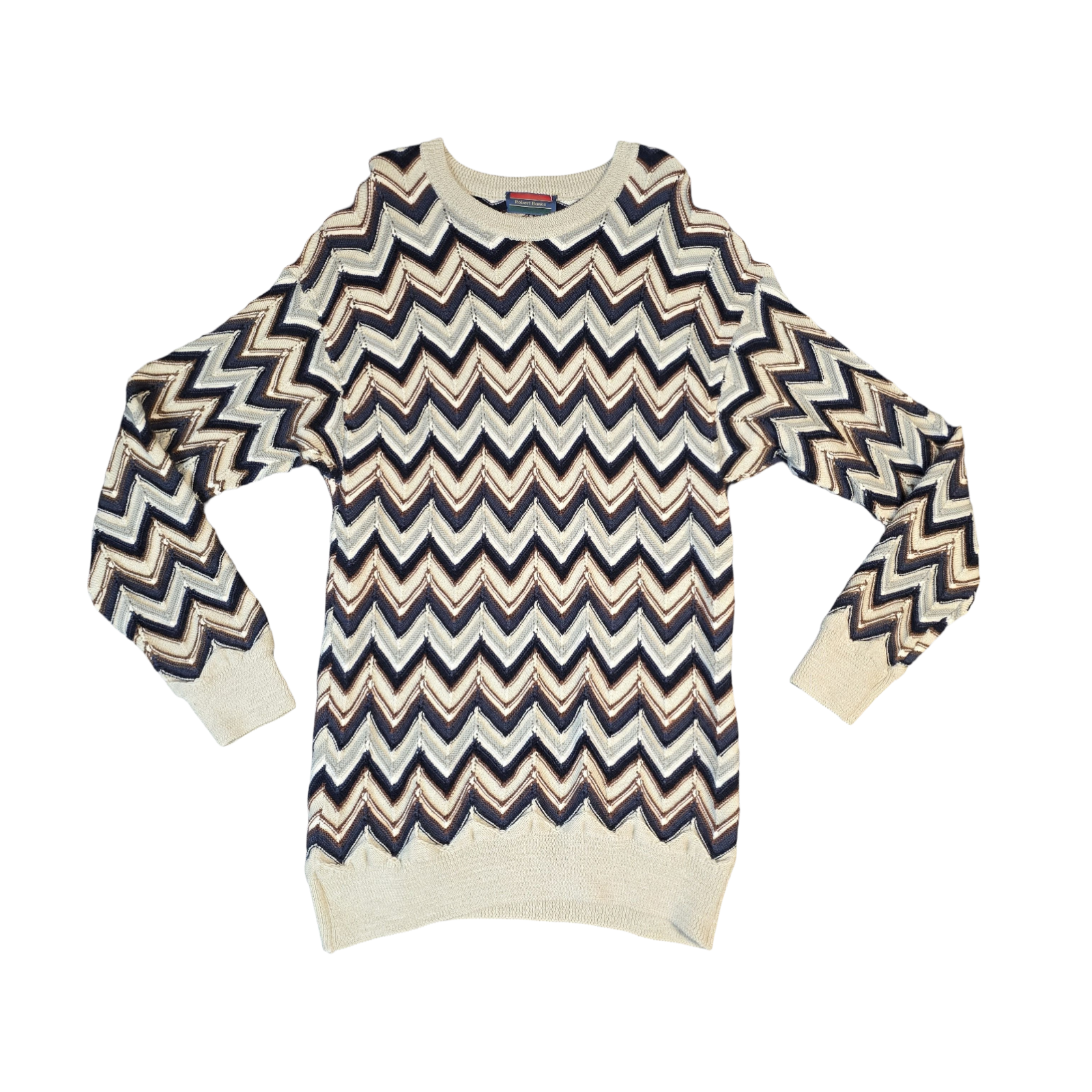 Robert Banks Jumper Beige,Brown & Navy Long Length Chevron Vintage 80s 90s