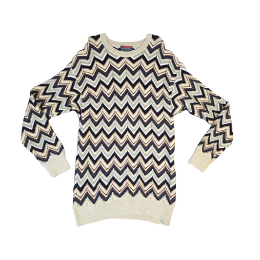 Robert Banks Jumper Beige,Brown & Navy Long Length Chevron Vintage 80s 90s