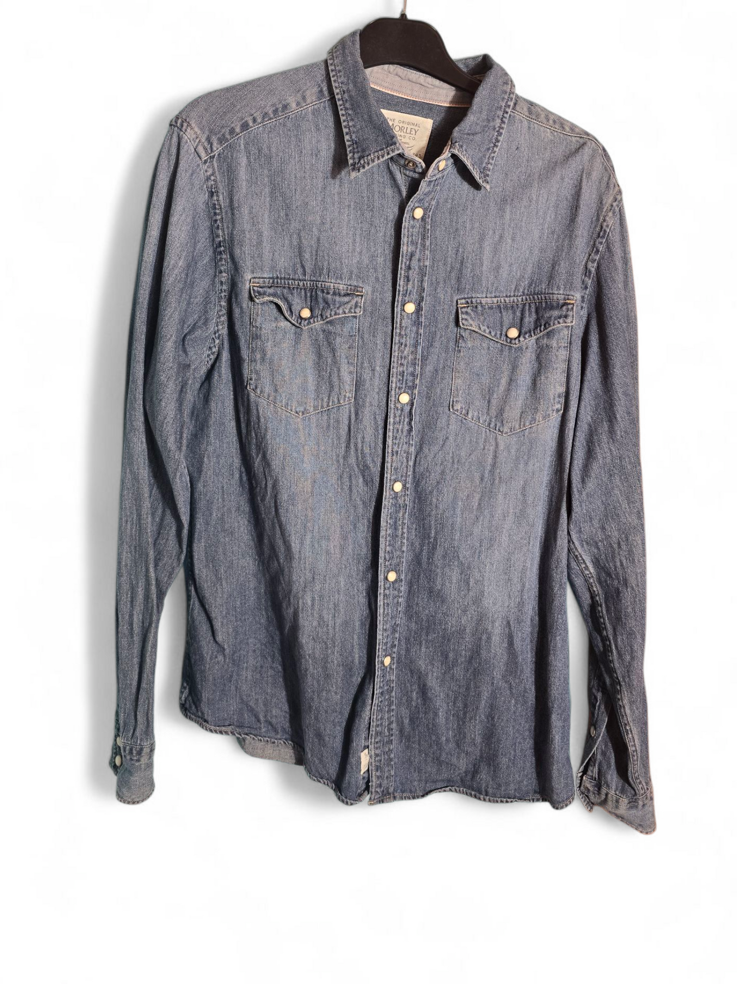 Men’s Morley Matalan Blue Denim Shirt | Size M | Long Sleeves | Chest Pockets | Marble Popper Buttons