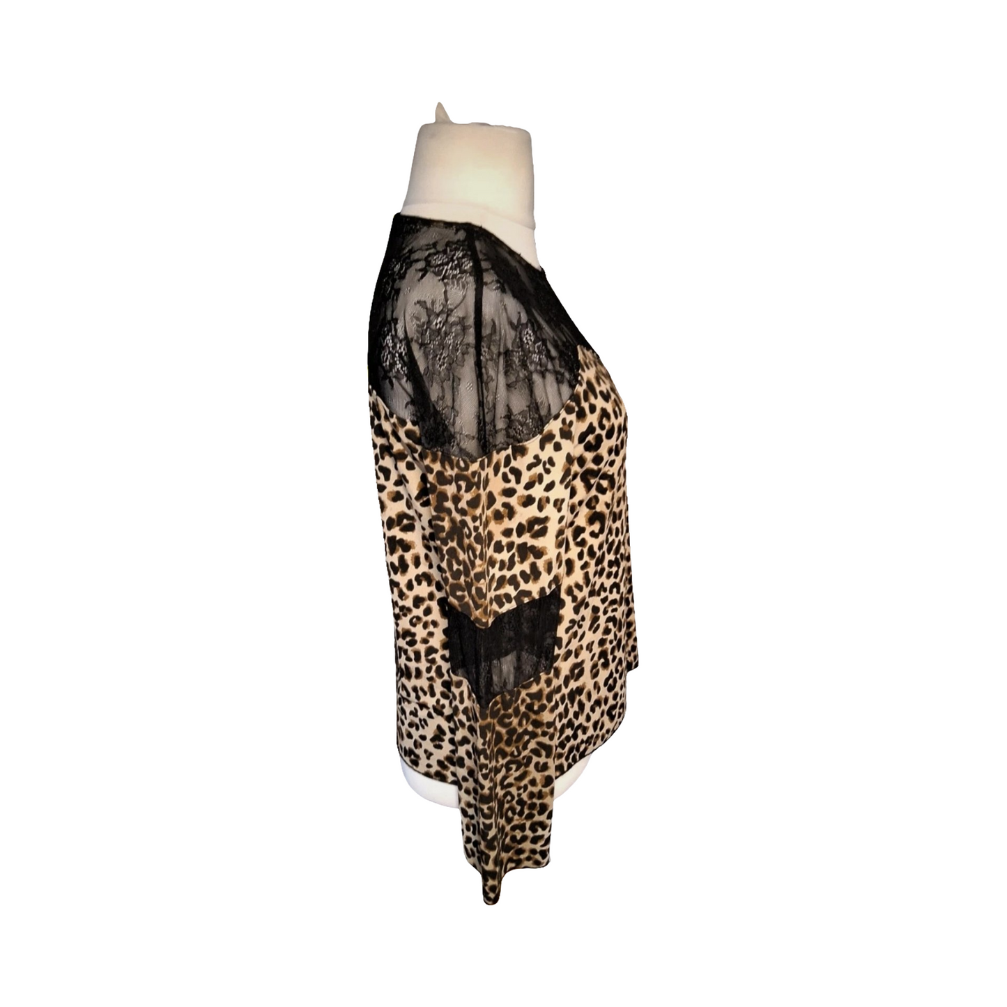Very Leopard Print & Black Lace Long Sleeve Top – Size 12 – Stretchy Polyester