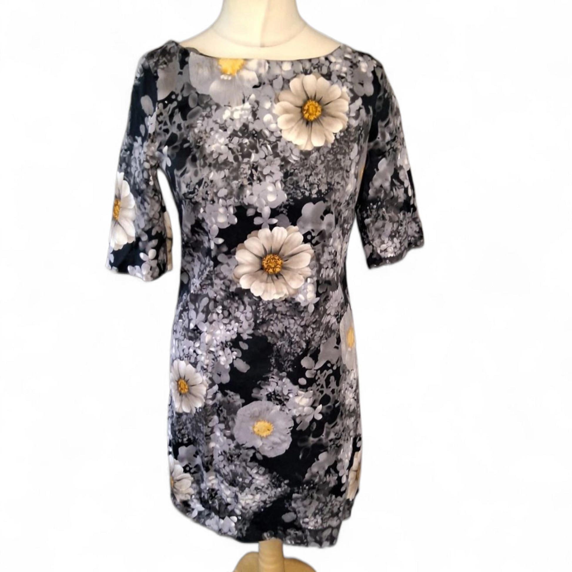 BCBGMAXAZRIA Navy, Grey & Yellow Floral Dress – Size M (UK 10) – Zip Back