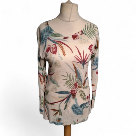 Monsoon Cream Linen Blend Tropical Floral Jumper – Size Small (UK size 8/10) – Longer Length