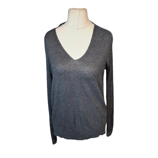 Primark Grey Speckled V-Neck Jumper – Size 12 – Lightweight Knit