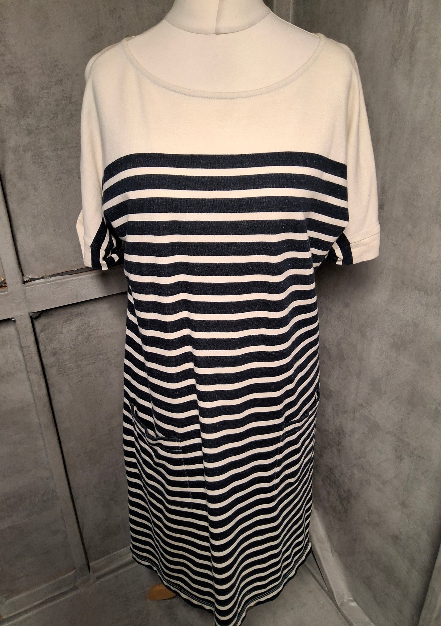 White Stuff Navy & White Stripe Cotton Midi Dress – Size 12