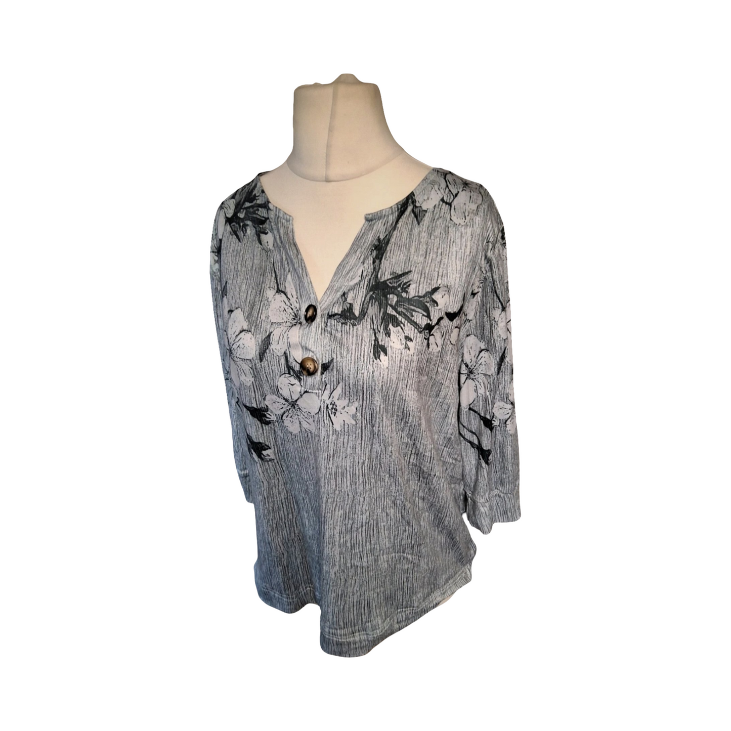 Grey Floral 3/4 Sleeve Stretchy Top – Size L (UK size 16/18) – Casual Everyday Style
