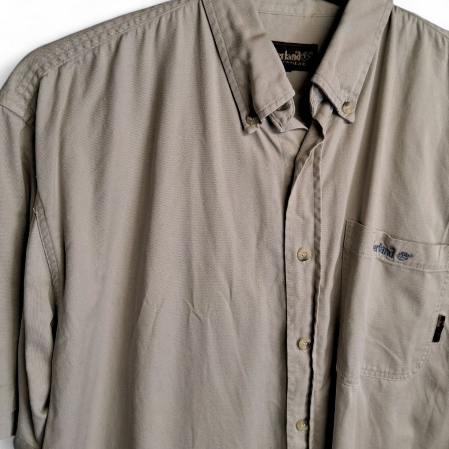 Men's Vintage 90s Timberland beige 100% cotton short sleeved shirt Large