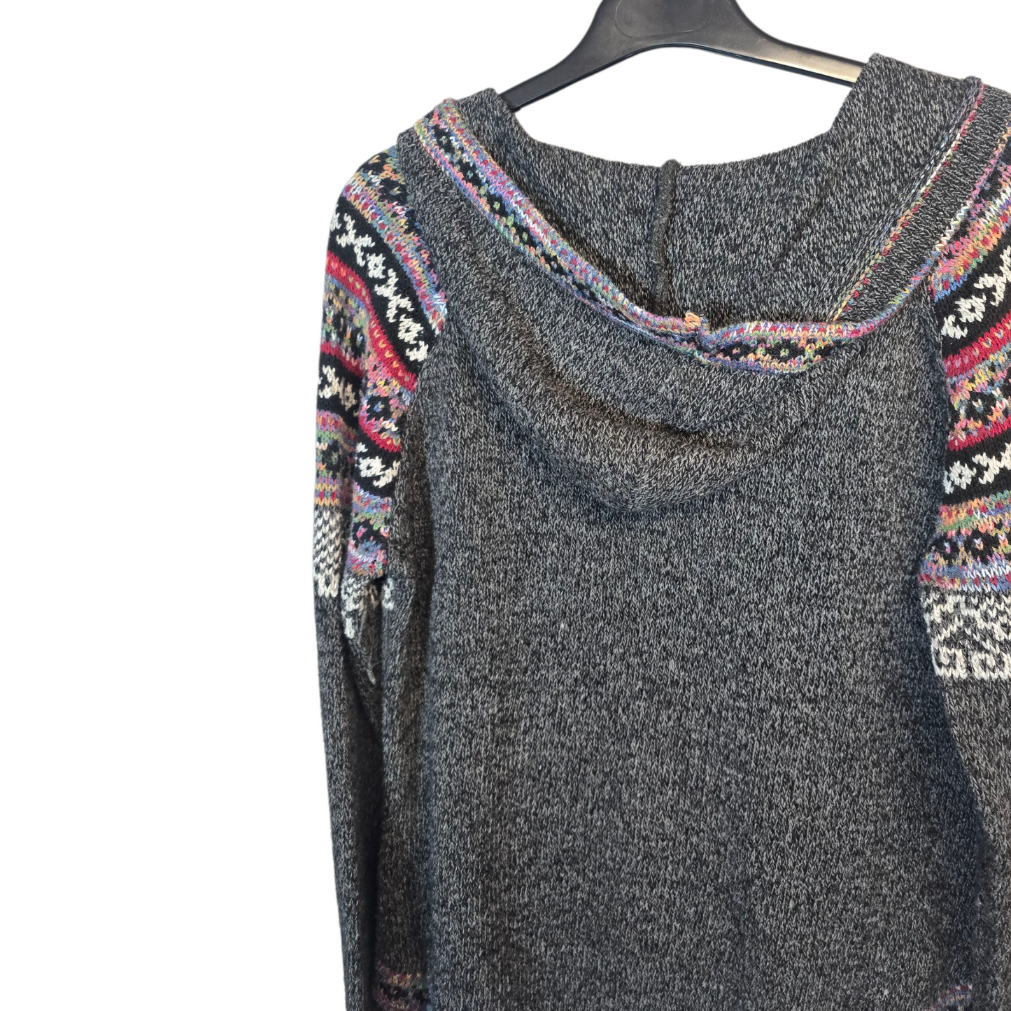 Apricot Grey & Multicolour Knitted Pattern Hoodie – Tie Front – Pockets – Size 12